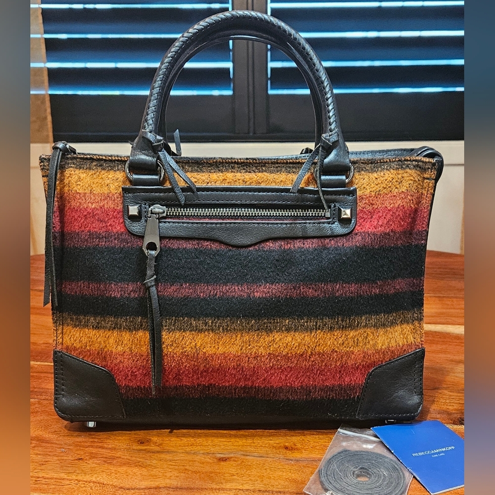 REBECCA MINKOFF SOUTHWEST REGAN FELT STRIPPED PATTERN AND BLACK LEATHER TOTE NWT